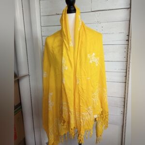 Fata Morgana Black, Yellow White Abstract Rayon Batik Shawl/Wrap, Fringe 45x65”